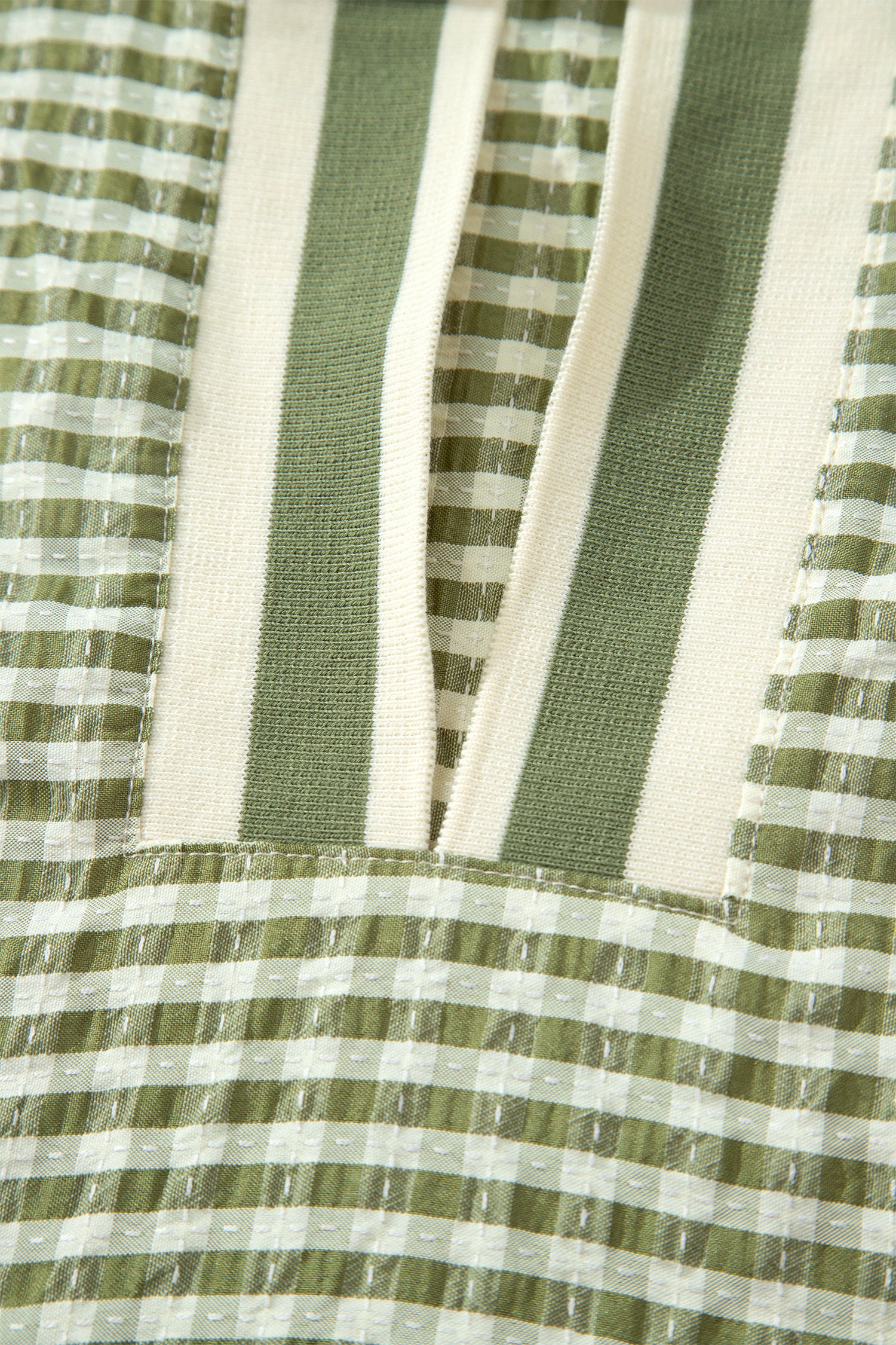 Green Plaid Short Sleeve Colorblock Trim Split Neck Blouse