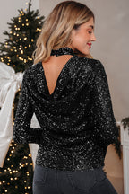 Black Sequin Mock Neck Drape Open Back Bell Sleeve Top
