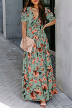 Sky Blue Fiery Floral Print Frilled V Neck Short Sleeve Maxi Dress