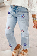 Beau Blue Patriotic Sequin Star Pattern Jeans
