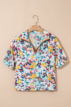 Peacock Blue Floral Print Slit V Neck Short Sleeve Blouse