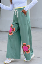 Grapefruit Orange Color Block Flower Patchwork Drawstring Contrasted Elastic Waist Wide Leg Pants