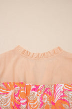Rose Floral Print Color Block Ruffled Short Sleeve Flared Midi Dress