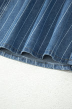 Sky Blue Stripe Button Pintuck High Waist Drawstring Denim Midi Skirt