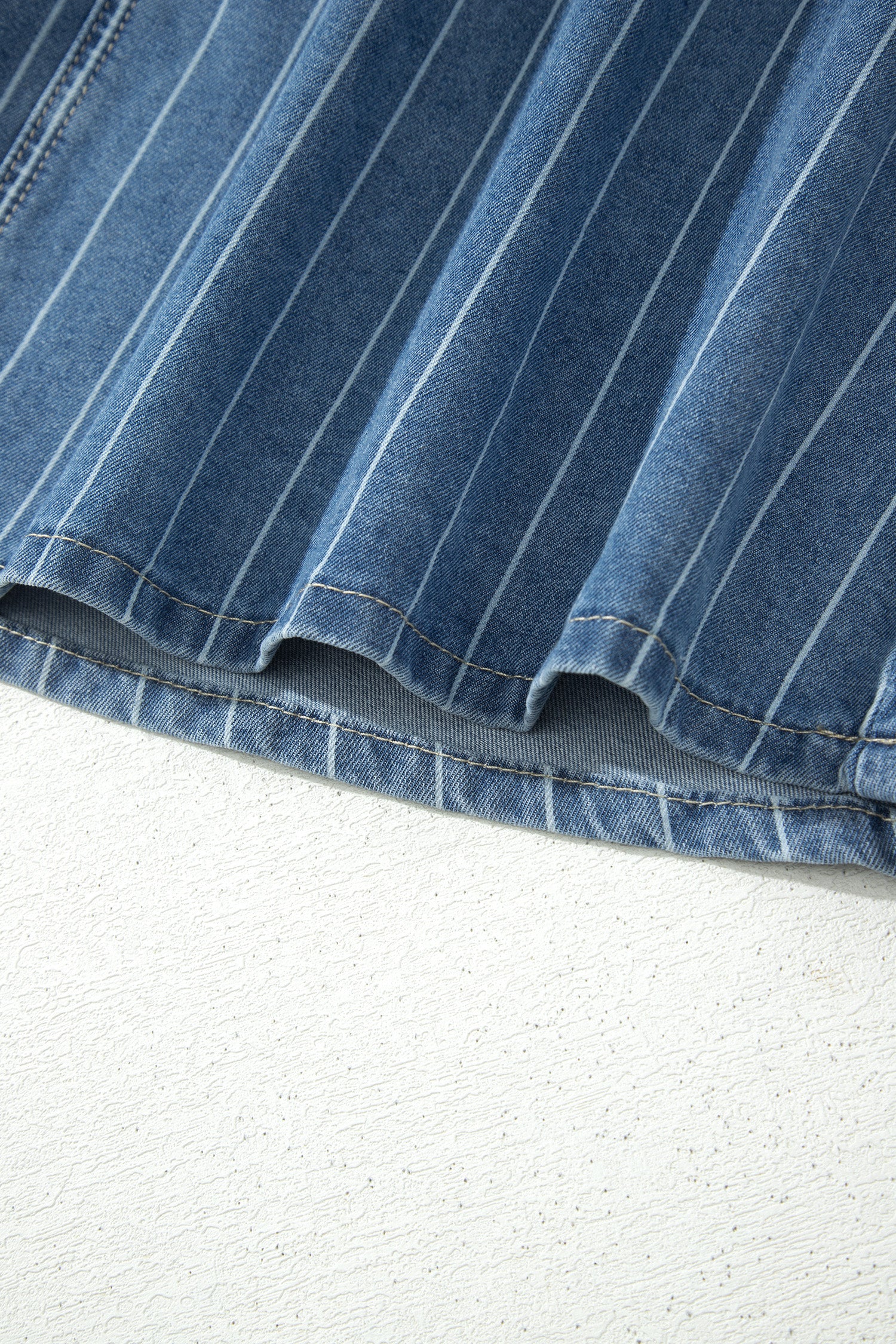 Sky Blue Stripe Button Pintuck High Waist Drawstring Denim Midi Skirt