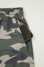 Green Tie Elastic Waist Pocketed Plus Size Camo Shorts