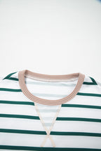 White Stripe Twisted Ribbed Patchwork Drop Shoulder Round Neck Sweatshirt