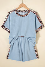 Light Grey Leopard Trim Twist Ribbed Short Set