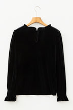Black Frilled Collared Smocked Cuffs Puff Sleeve Velvet Blouse