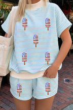 Sky Blue Stripe Patriotic Sequin Popsicle Mock Neck Top Short Set