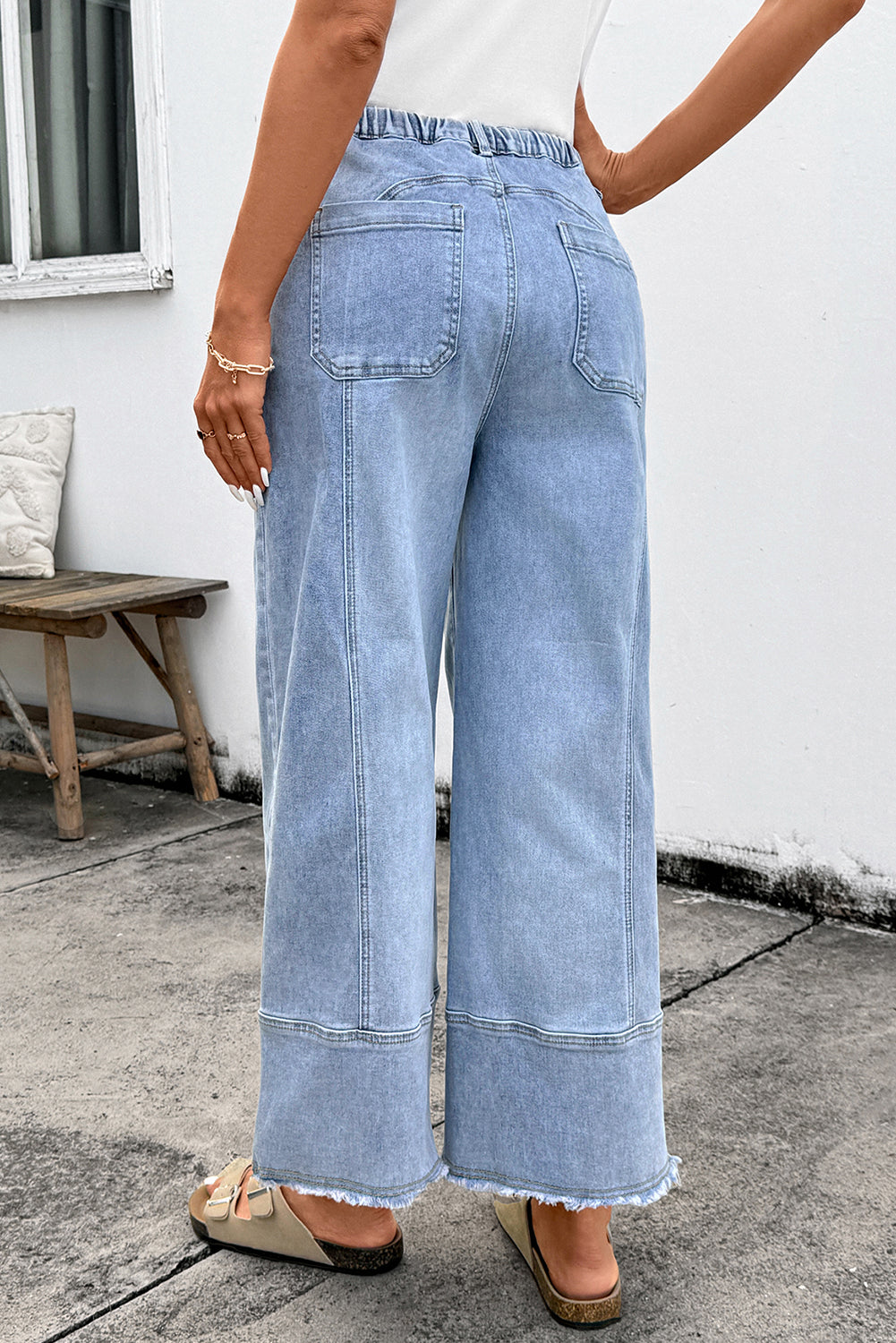 Gray Drawstring Seam Detail Raw Hem Wide Leg Denim Pants