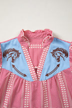 Brown Western Pony Embroidered Yoke Puff Sleeve Gingham Blouse