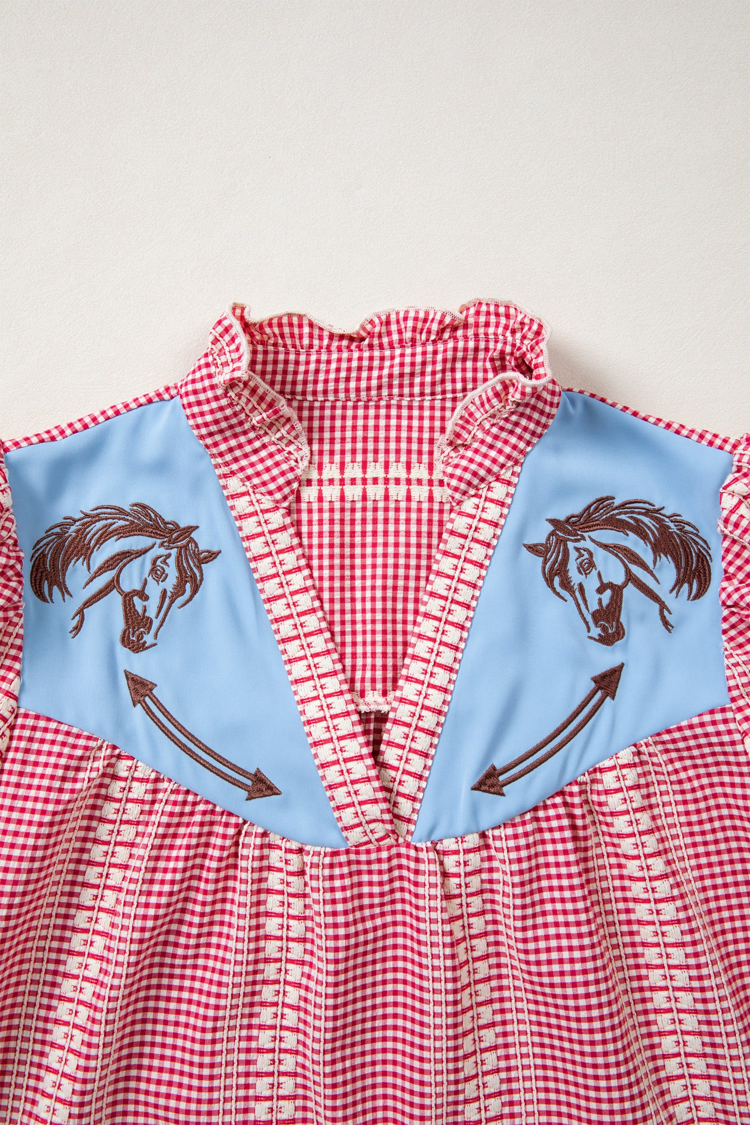 Brown Western Pony Embroidered Yoke Puff Sleeve Gingham Blouse