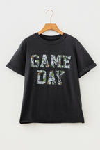 Black Game Day Camo Letter Print Round Neck Casual T Shirt