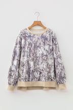 Khaki Abstract Camo Print Colorblock Trim Side Split Tunic Sweatshirt