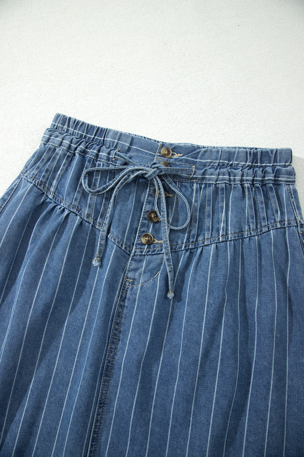 Sky Blue Stripe Button Pintuck High Waist Drawstring Denim Midi Skirt