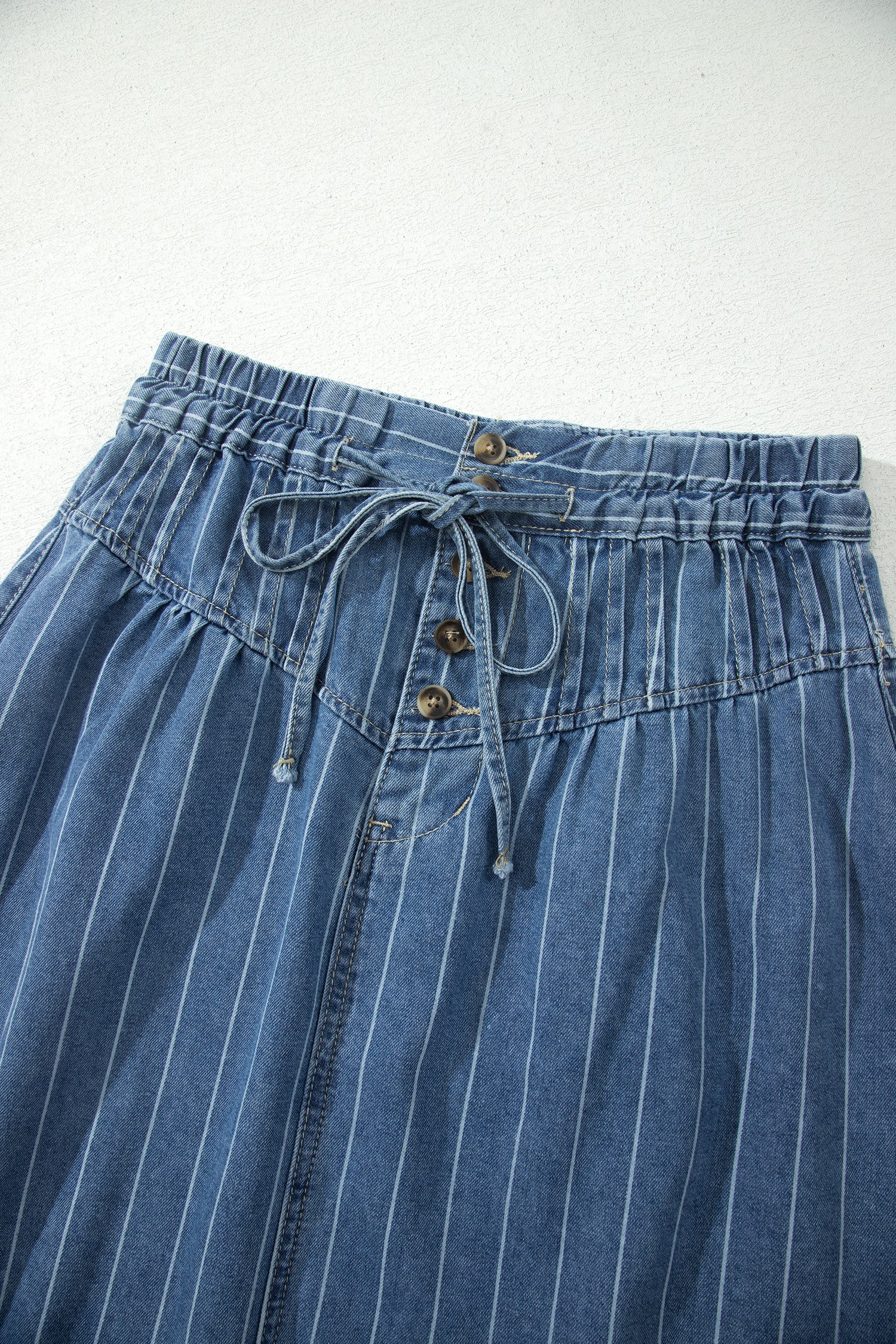 Sky Blue Stripe Button Pintuck High Waist Drawstring Denim Midi Skirt