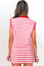 Bright Green Textured Stripe Print Contrast Trim Zip Collar Sleeveless 2pcs Skort Set