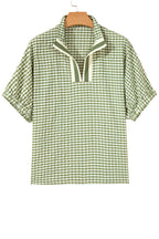 Green Plaid Short Sleeve Colorblock Trim Split Neck Blouse
