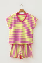 Yellow Stripe Colorblock Trim V Neck Tee Drawstring Elastic Waist Short Set
