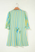 Red Stripe Half Button Puff Sleeve Loose Mini Dress