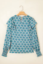 Green Abstract Print Shirred Cuff Puff Sleeve Blouse