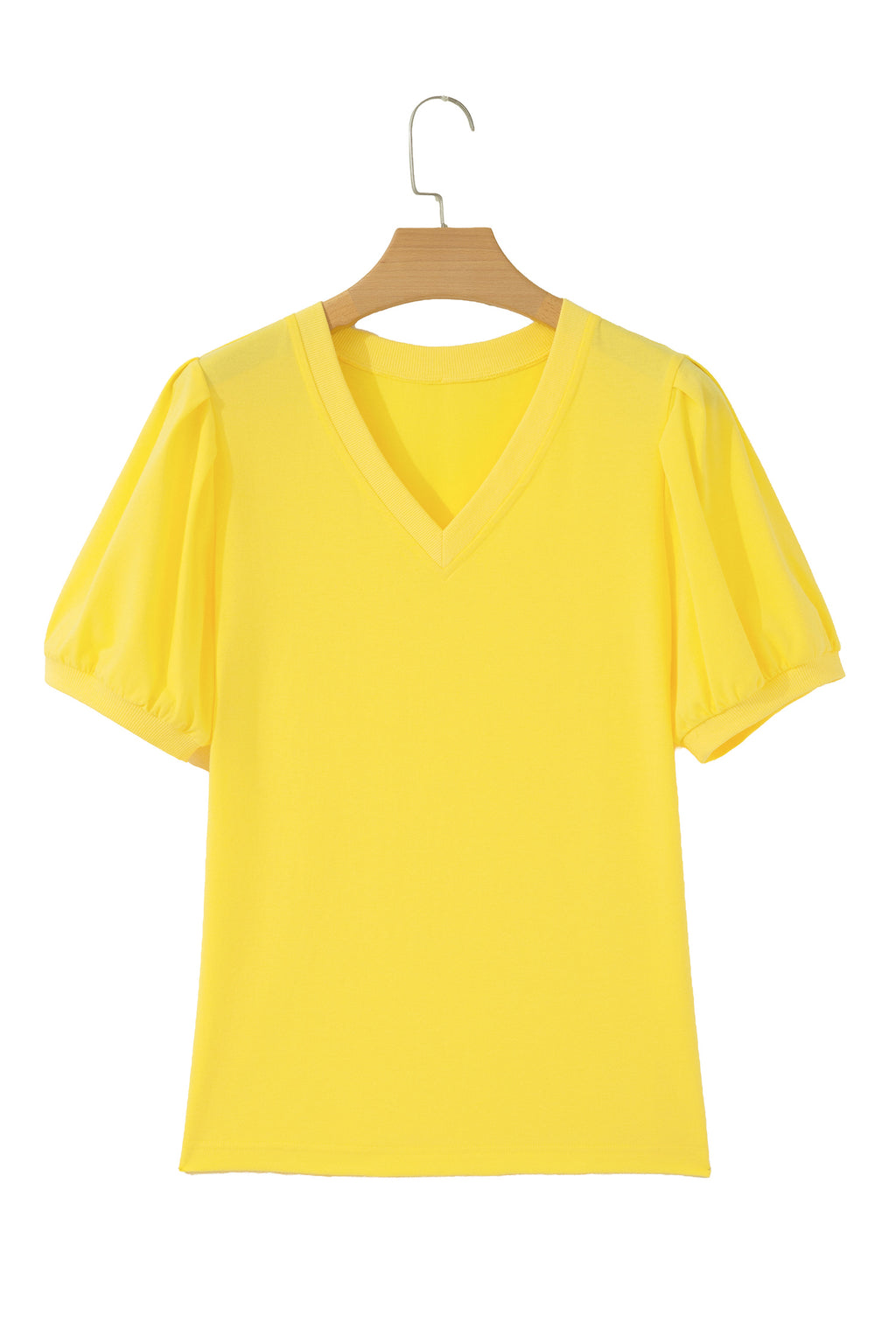 Bonbon Solid Color V Neck Short Puff Sleeve Blouse