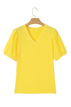 Bonbon Solid Color V Neck Short Puff Sleeve Blouse
