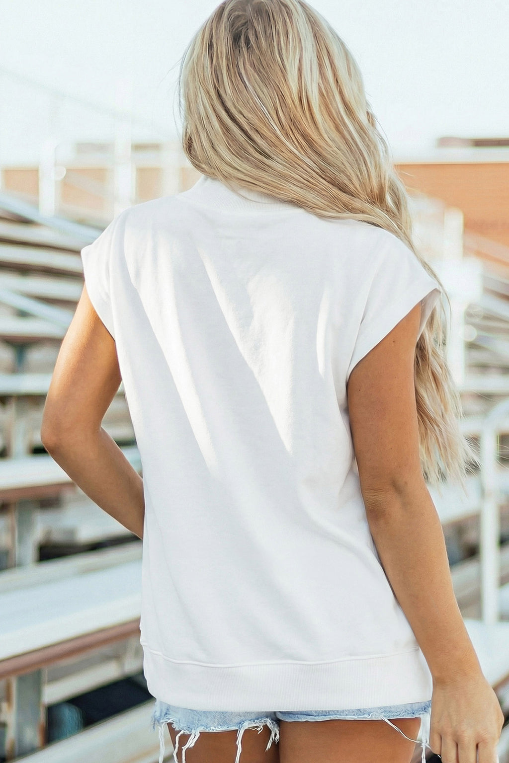 White Sequin Strawberry Graphic Mock Neck Short Sleeve Top