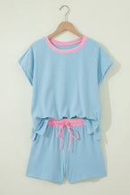 Yellow Cream Soft Ribbed Color Block Trim Casual Short Set