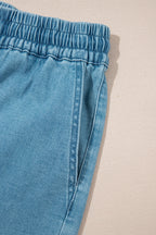 Beau Blue Contrast Drawstring Elastic Waistband Denim Shorts
