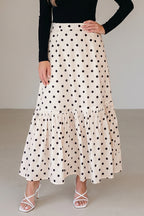 White Polka Dot Ruffled Slit Maxi Skirt