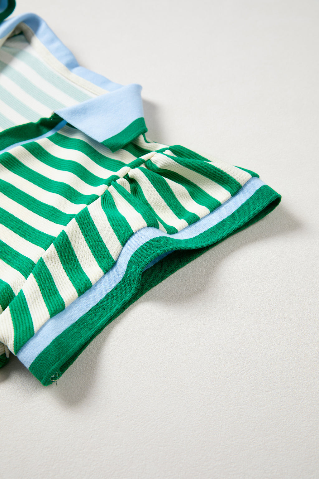 Blue Stripe Contrast Trim Polo Collar Ruffled Short Sleeve Blouse