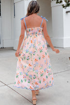 Beige Floral Print Contrast Trim Self-tie Straps High Waist Midi Dress