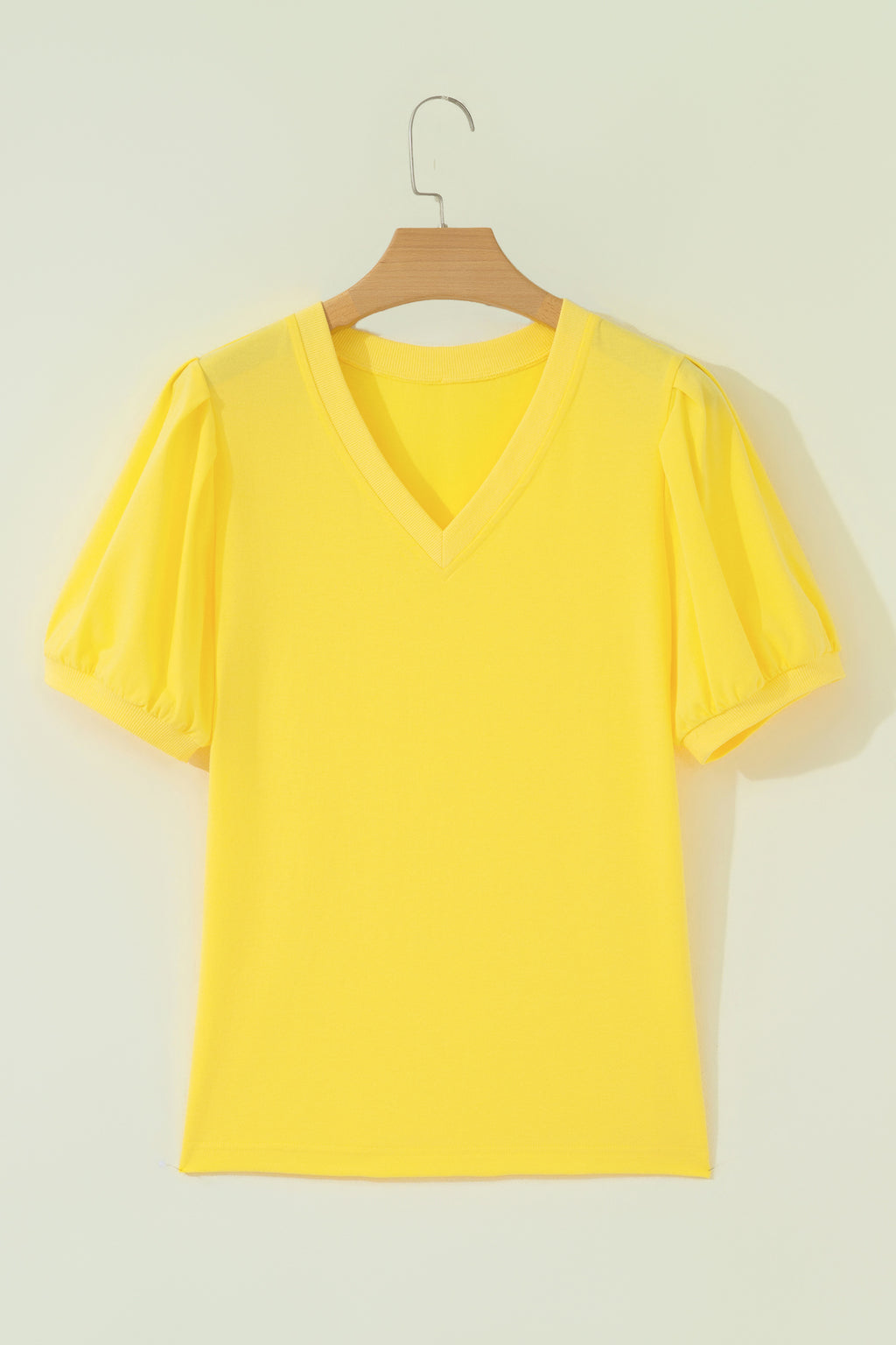 Bonbon Solid Color V Neck Short Puff Sleeve Blouse