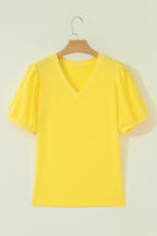 Bonbon Solid Color V Neck Short Puff Sleeve Blouse