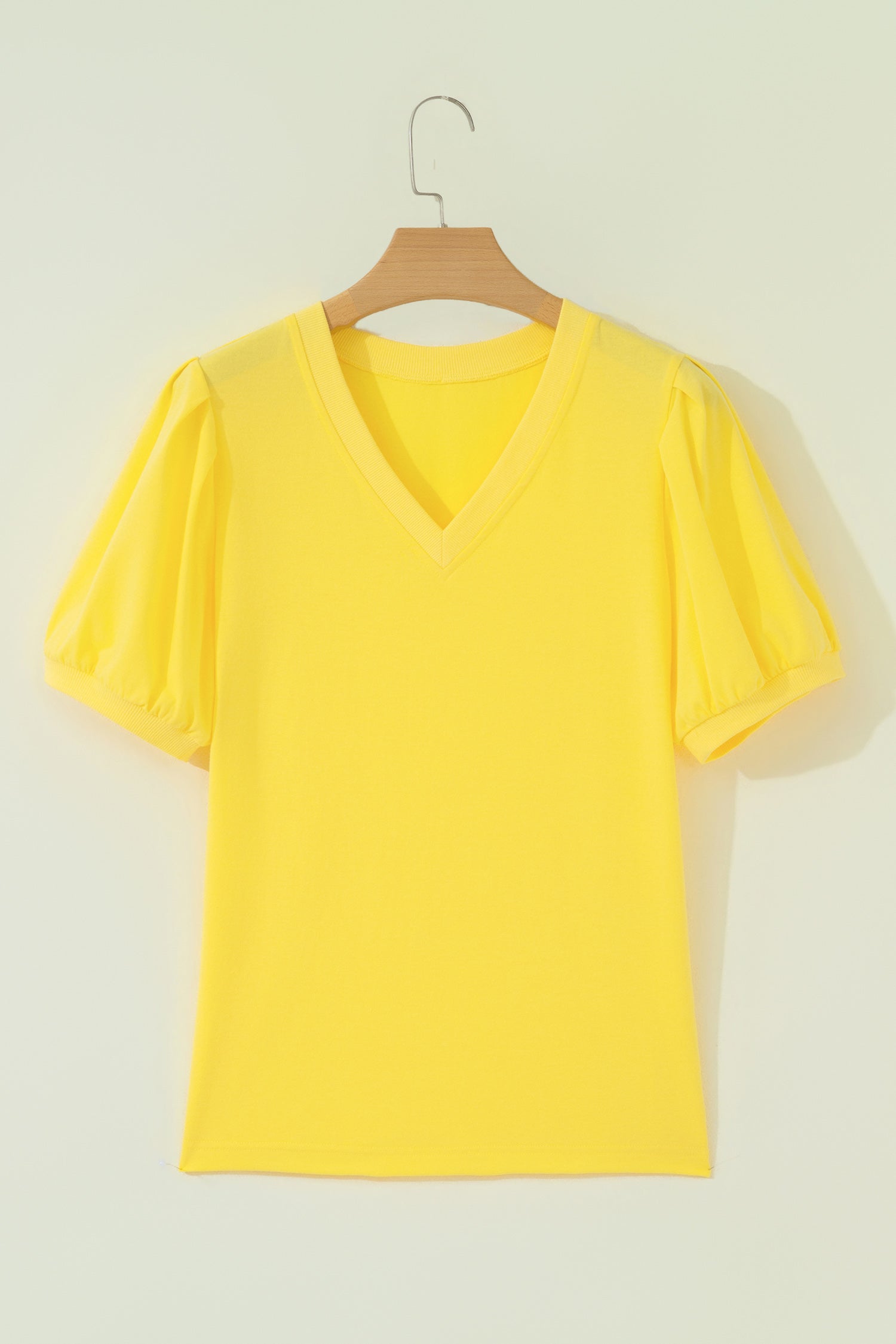 Bonbon Solid Color V Neck Short Puff Sleeve Blouse