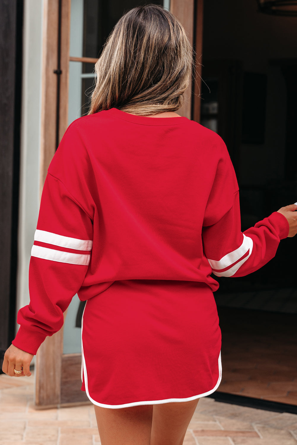 Orange Varsity Stripe Detail Drop Shoulder Pullover Mini Skort Set