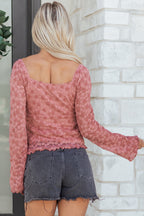 Peach Blossom Drawstring Knot Detail Floral Lace Blouse