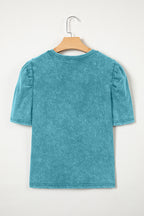 Turquoise Mineral Wash Western Embroidered Detail Short Puff Sleeve Cotton Tee