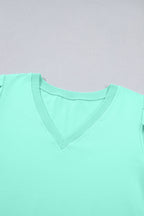 Bonbon Solid Color V Neck Short Puff Sleeve Blouse