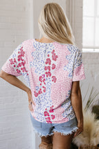 Sky Blue Mixed Leopard Print V Neck Short Sleeve Blouse
