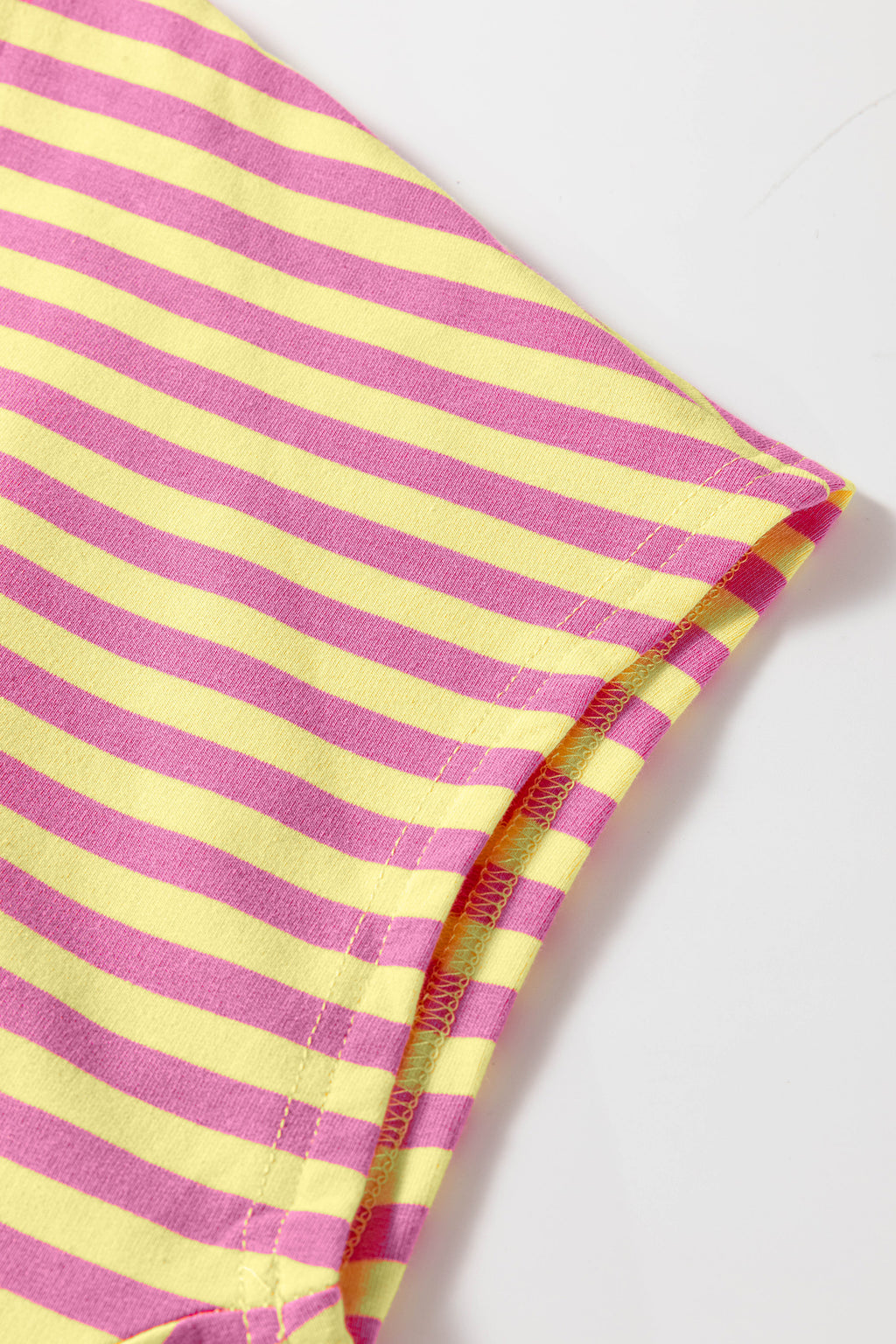 Yellow Stripe Colorblock Trim V Neck Tee Drawstring Elastic Waist Short Set