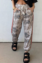 Green Camouflage Print Striped Side Panel Patchwork Drawstring Pants