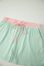 Yellow Cream Plus Size Ribbed Color Block Trim Drawstring Shorts 2pcs Set
