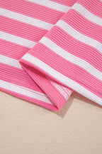 Black Stripe Short Puff Sleeve Color Block Polo Collar Blouse