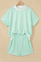 Green Polka Dot Print Color Block Trim Mock Neck Short Set