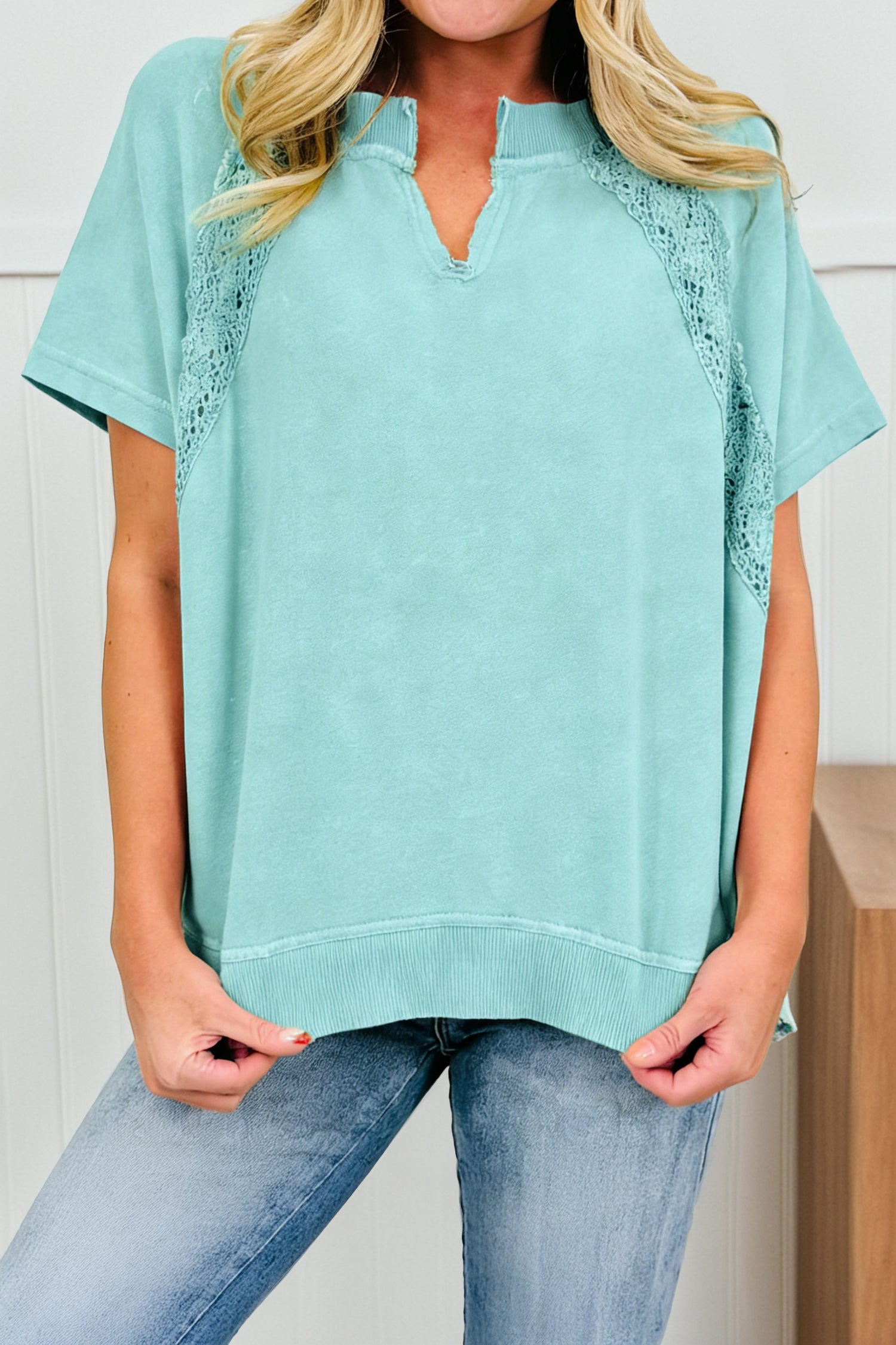 Pink Raw Cut Notched Neck Lace Patchwork Detail Mineral Wash Tee