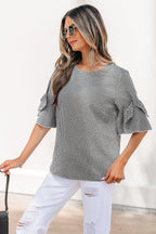 Black Plaid Bow Ruffled Half Sleeve Round Neck Blouse