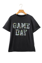 Black Game Day Camo Letter Print Round Neck Casual T Shirt